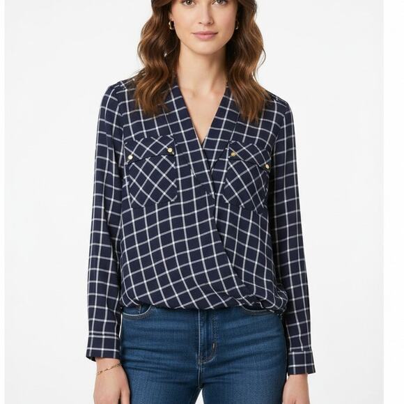 Michael Michael Kors Plaid Blouse Women’s L Navy White Gold Button Top Work - Picture 1 of 15